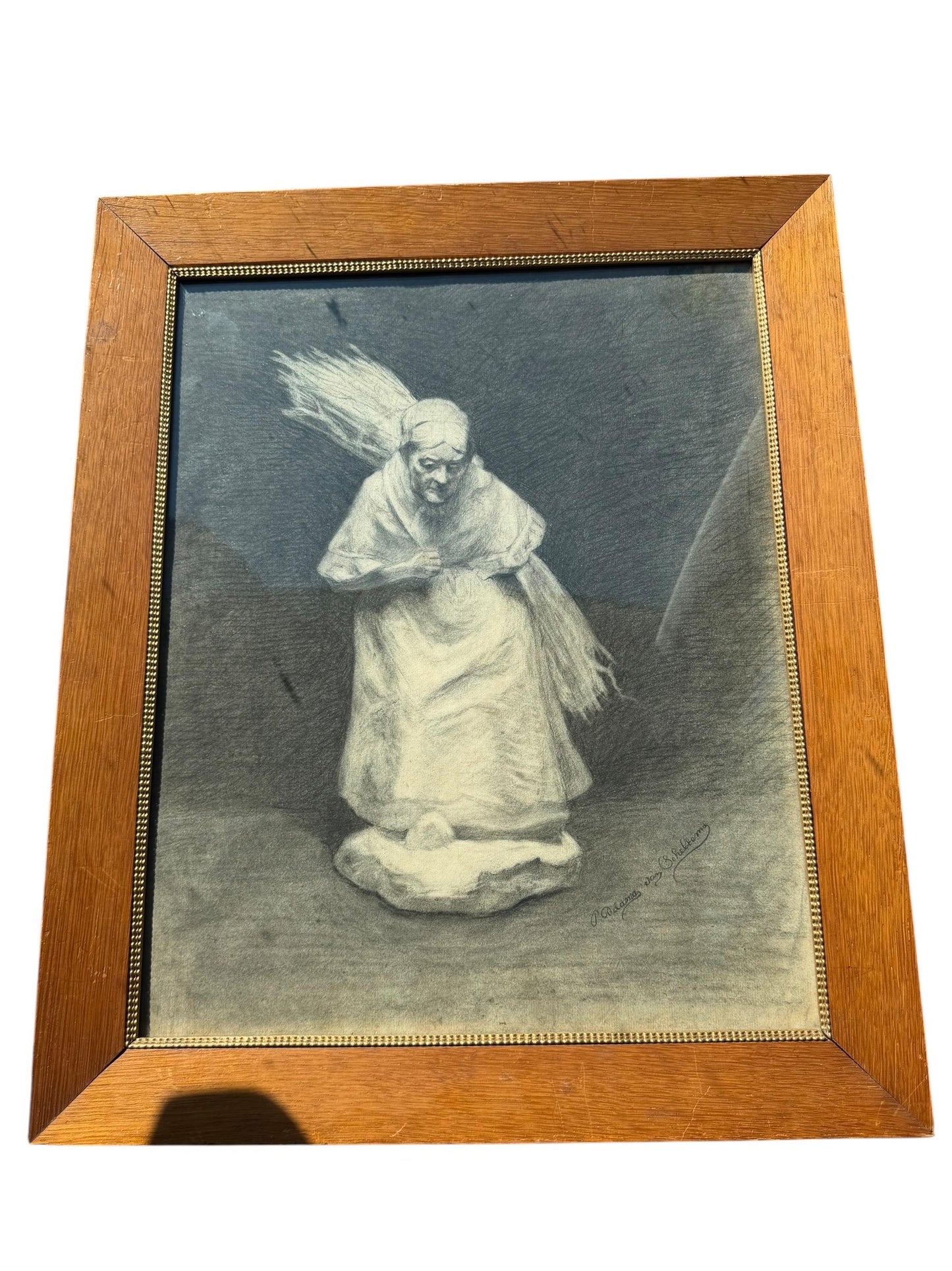 Frederik Adama van Scheltema (1846-1899) dutch master, framed Signed Charcoal Drawing of an Elderly Woman with Faggot of Sticks 19th Century