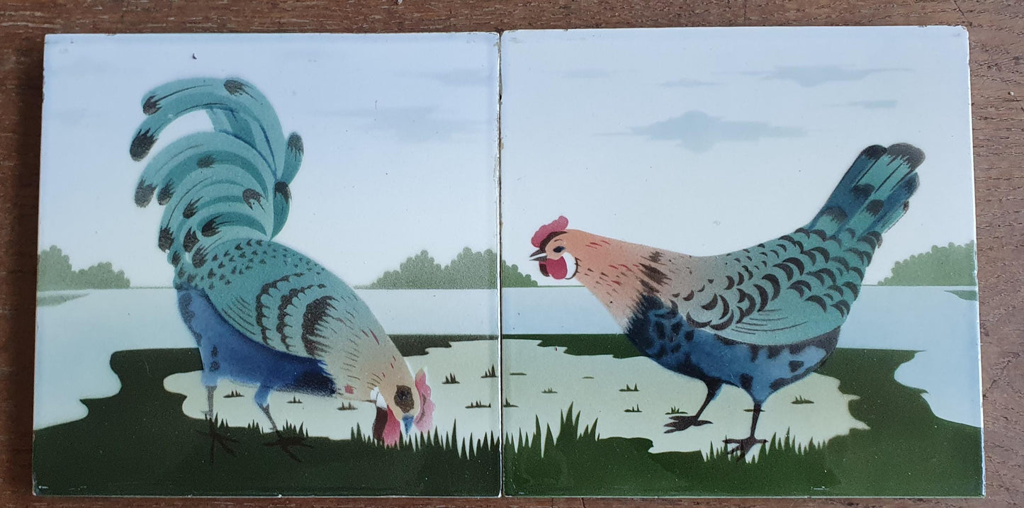 Set Antique German Tiles with a rooster and a hen, ca. 1900, art nouveau chicken ceramic