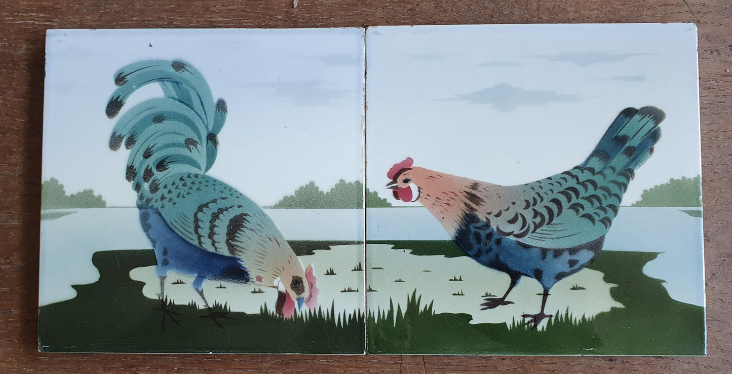 Set Antique German Tiles with a rooster and a hen, ca. 1900, art nouveau chicken ceramic