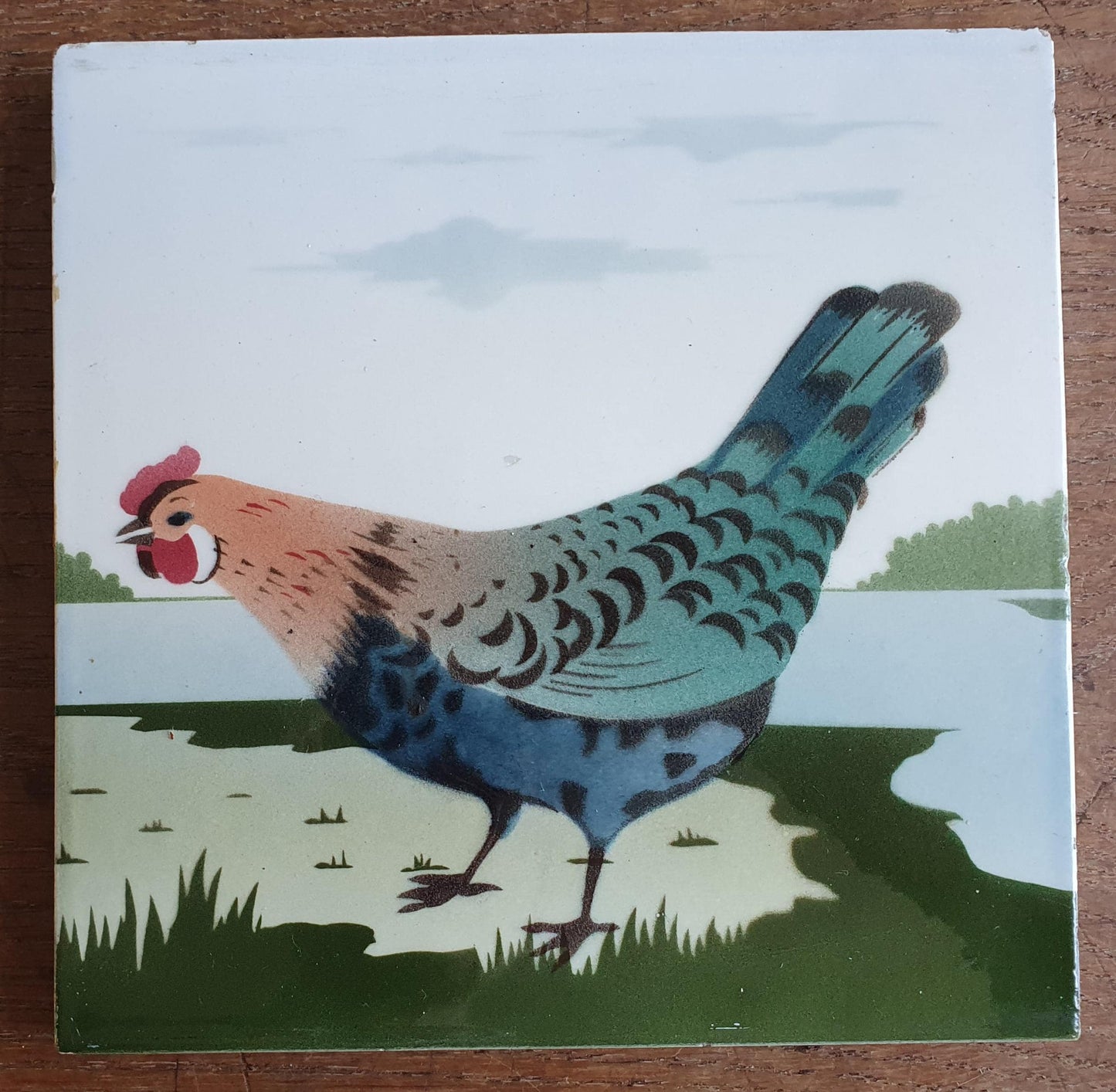 Set Antique German Tiles with a rooster and a hen, ca. 1900, art nouveau chicken ceramic