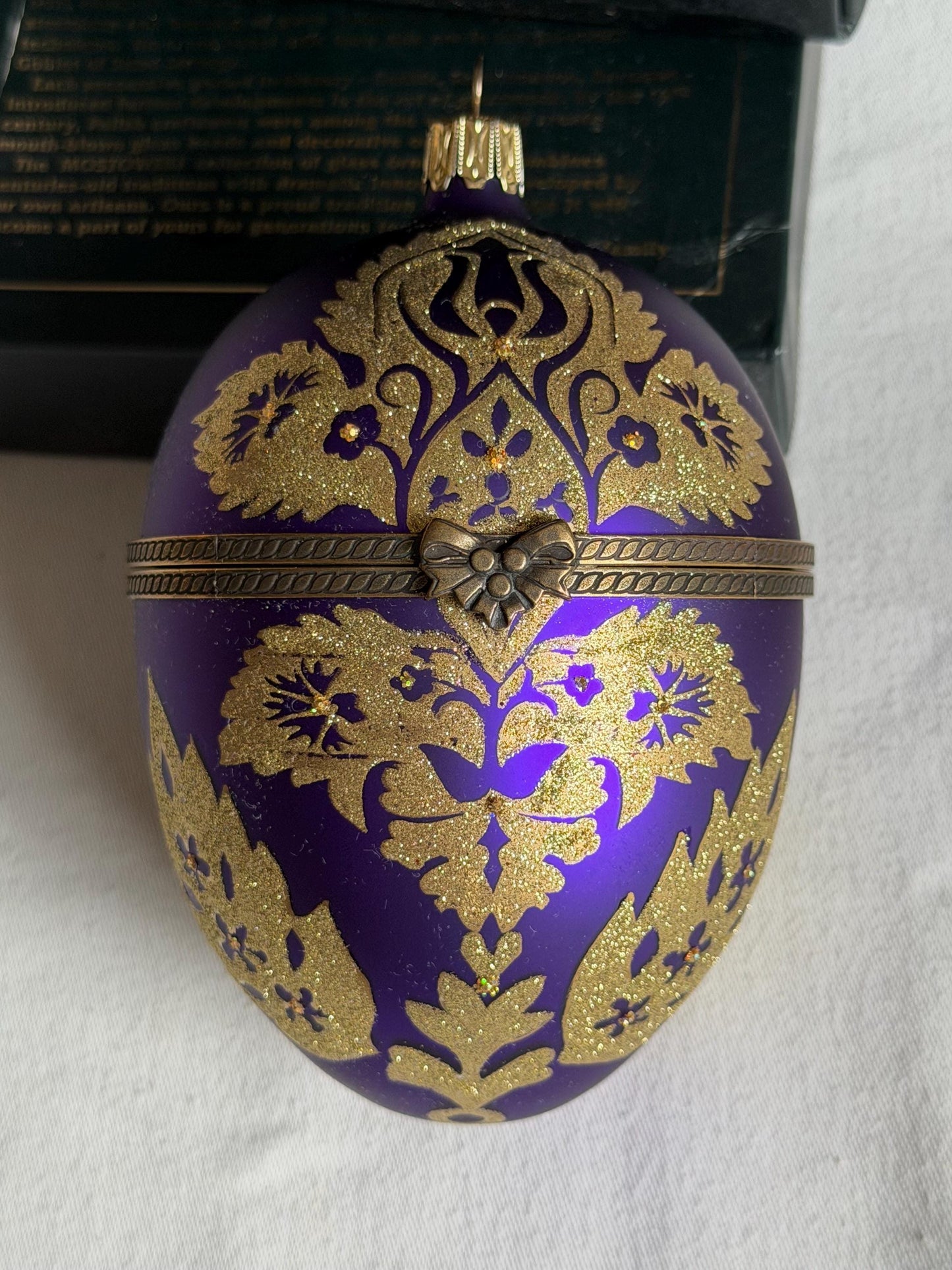 Komozja Mostowski XL Faberge egg Handcrafted Polish Glass Egg Ornament – Purple & Gold Christmas Keepsake Box, retired collectible faberge