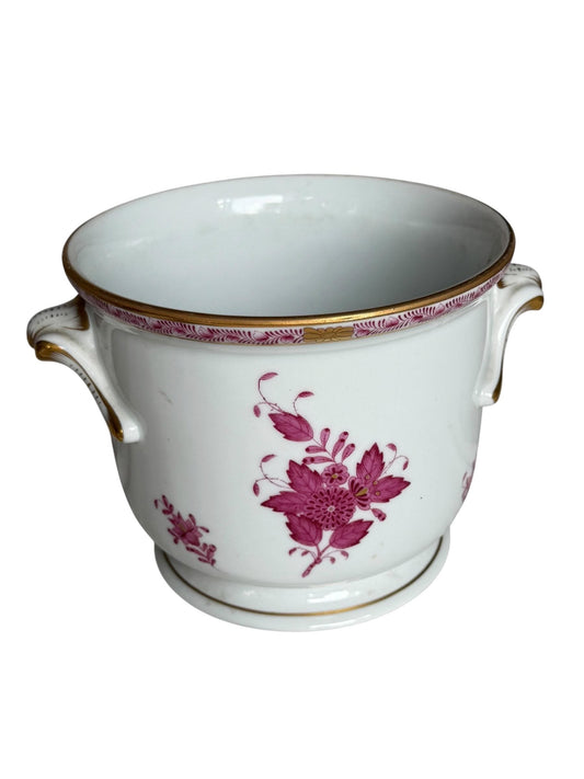 Vintage XL Herend Apponyi red footed Porcelain large cachepot, Hand-Painted Floral Decor, gold handle