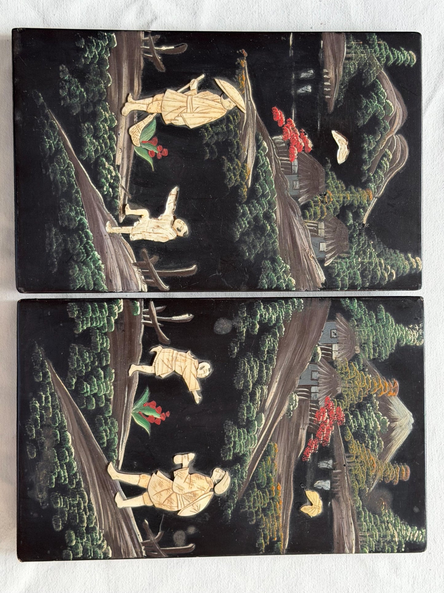 Ser of 19th Century Japanese Lacquer Panels – with Inlay – Meiji Period, pair antique wood  carving japan