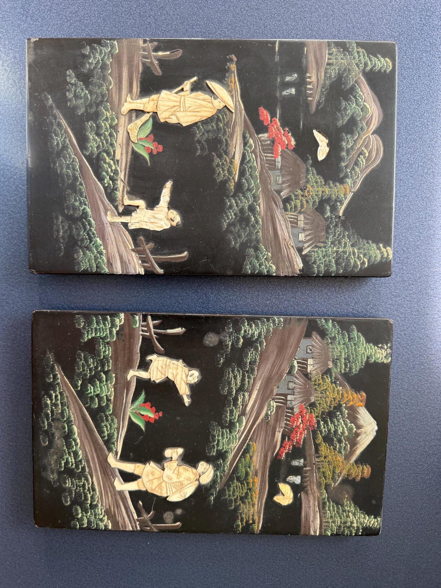 Ser of 19th Century Japanese Lacquer Panels – with Inlay – Meiji Period, pair antique wood  carving japan