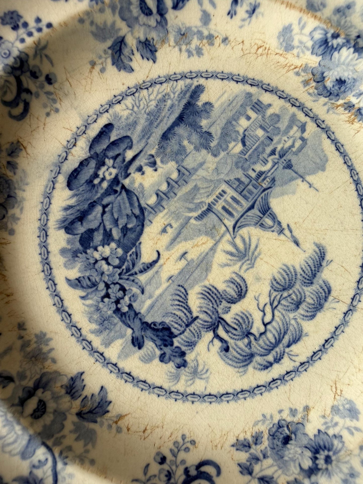19th Century Blue and White set Plates – I V. Minden – Landscape Scene plus second japanese meiji plate with bird