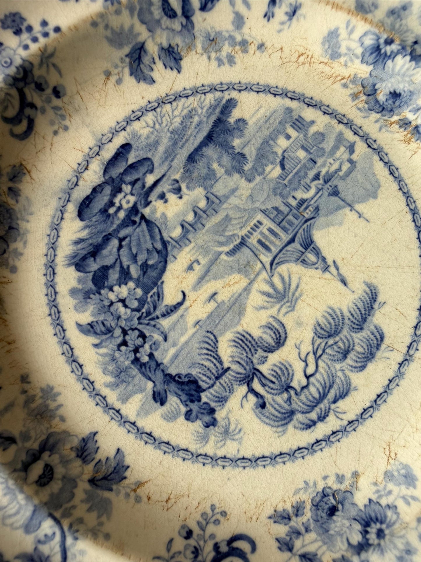 19th Century Blue and White set Plates – I V. Minden – Landscape Scene plus second japanese meiji plate with bird
