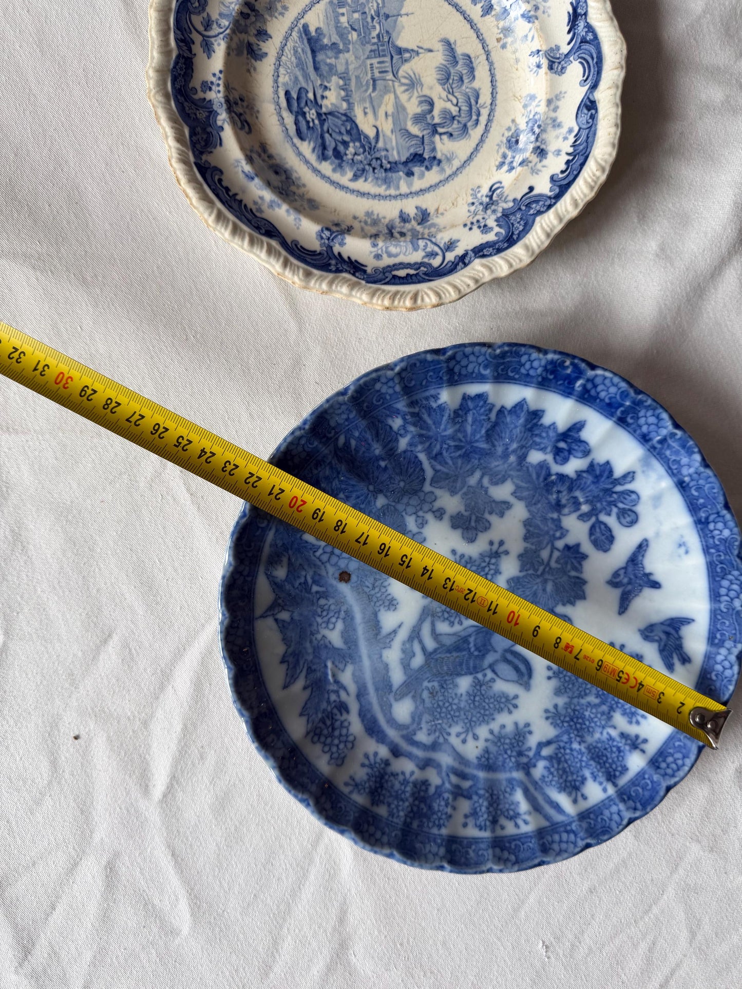19th Century Blue and White set Plates – I V. Minden – Landscape Scene plus second japanese meiji plate with bird