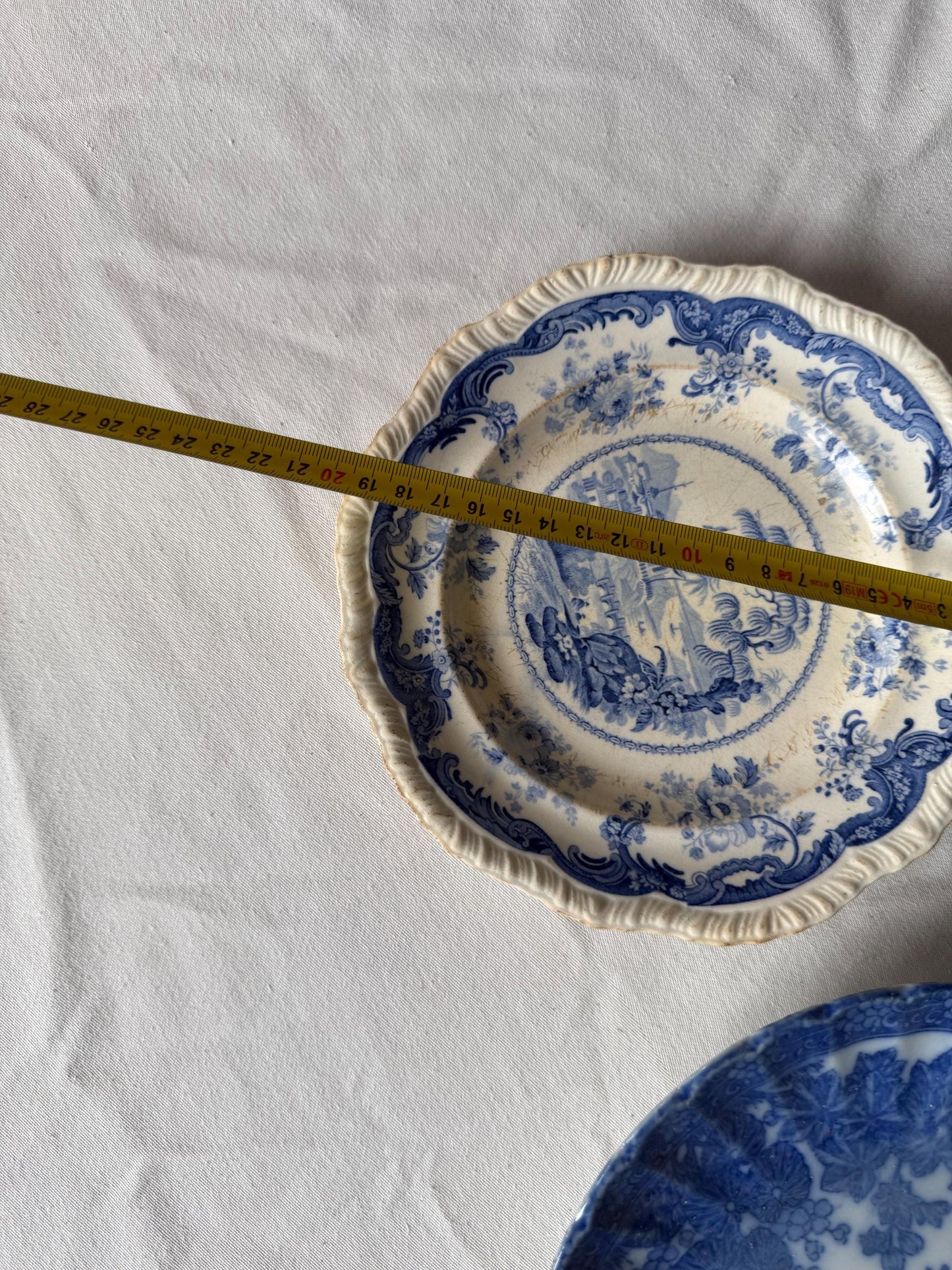 19th Century Blue and White set Plates – I V. Minden – Landscape Scene plus second japanese meiji plate with bird