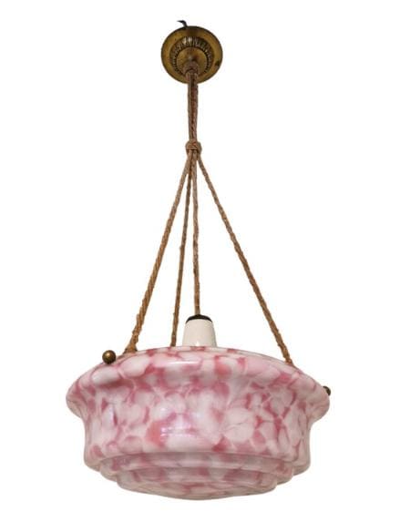 Art deco ceiling Lamp with rose marbled Opaline Glass, Netherlands, c. 1930  Ceiling lamp hanging , rope ausema lights