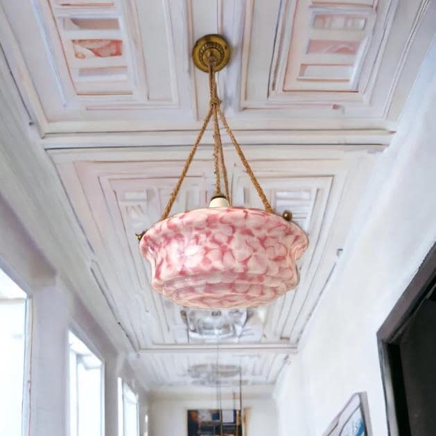 Art deco ceiling Lamp with rose marbled Opaline Glass, Netherlands, c. 1930  Ceiling lamp hanging , rope ausema lights
