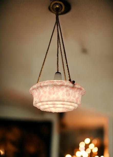 Art deco ceiling Lamp with rose marbled Opaline Glass, Netherlands, c. 1930  Ceiling lamp hanging , rope ausema lights