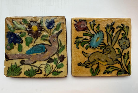 A set of 2 tiles thick handmade handpainted vintage midcentury collector tiles, polychrome eastern iznik qajar turkish  glass & ceramic