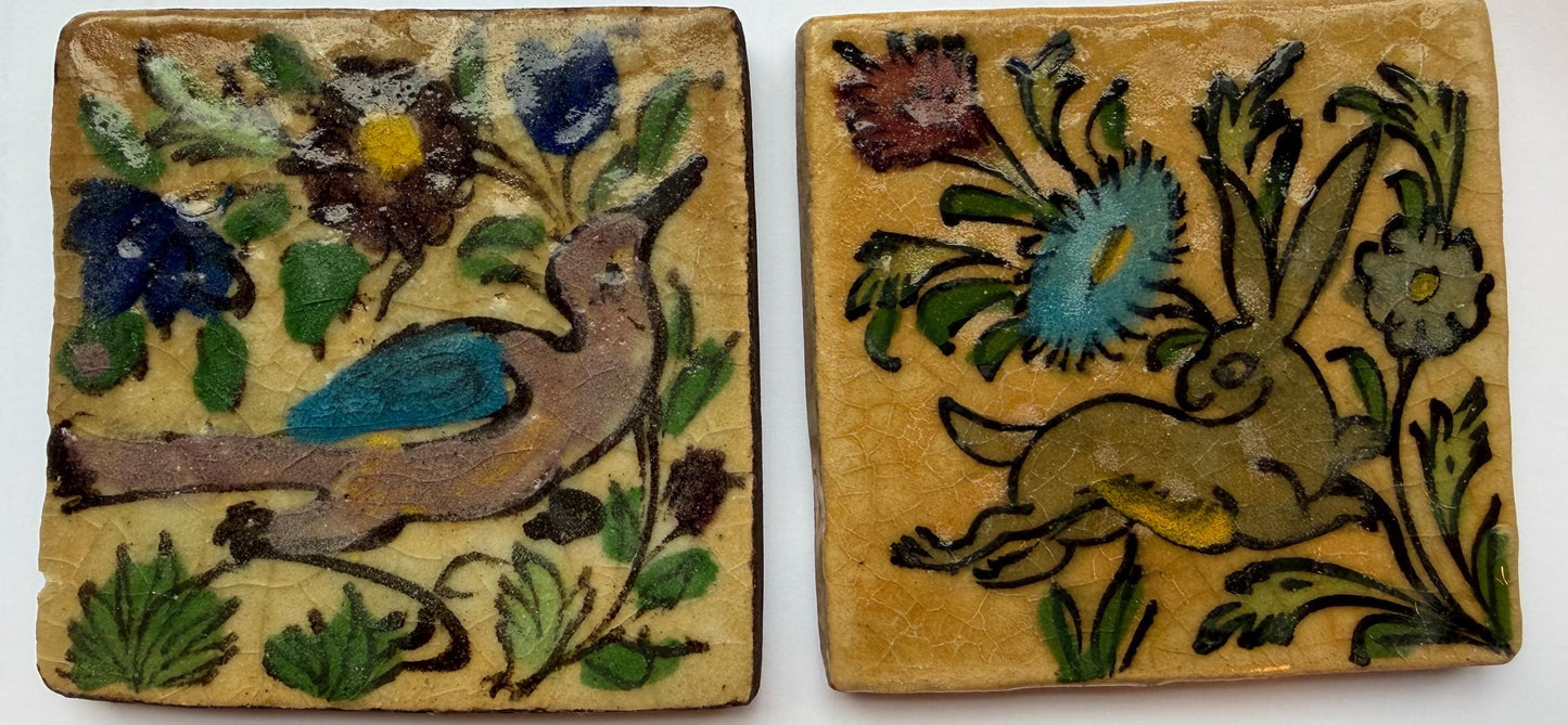 A set of 2 tiles thick handmade handpainted vintage midcentury collector tiles, polychrome eastern iznik qajar turkish  glass & ceramic