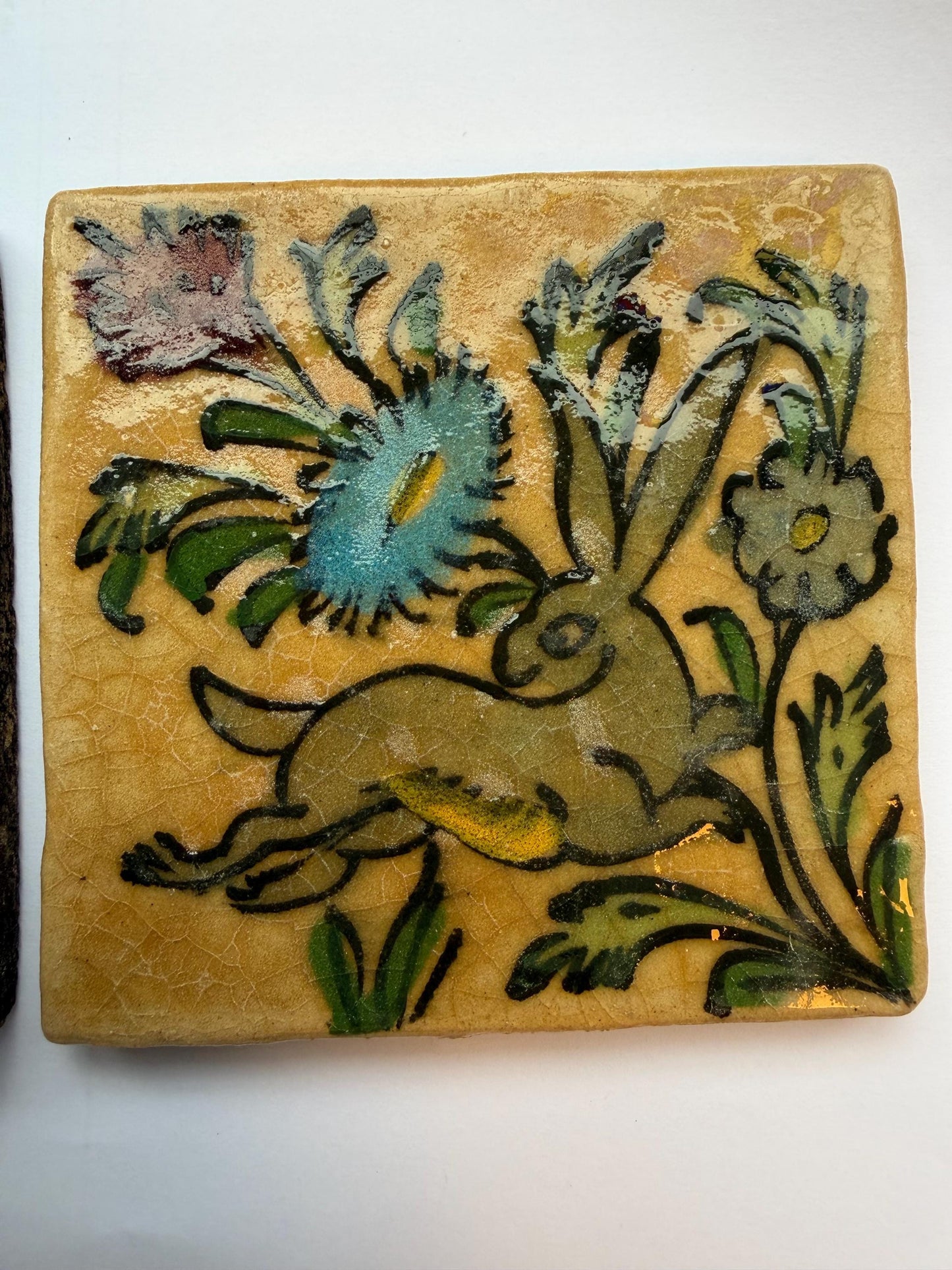 A set of 2 tiles thick handmade handpainted vintage midcentury collector tiles, polychrome eastern iznik qajar turkish  glass & ceramic