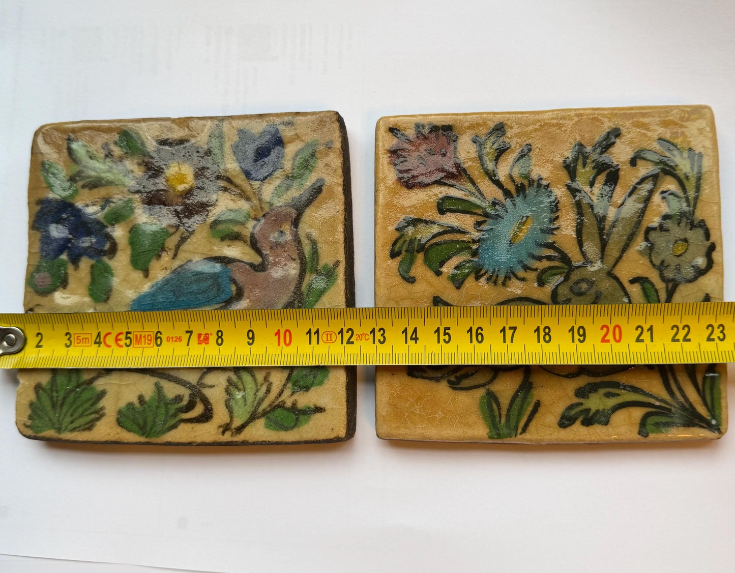 A set of 2 tiles thick handmade handpainted vintage midcentury collector tiles, polychrome eastern iznik qajar turkish  glass & ceramic