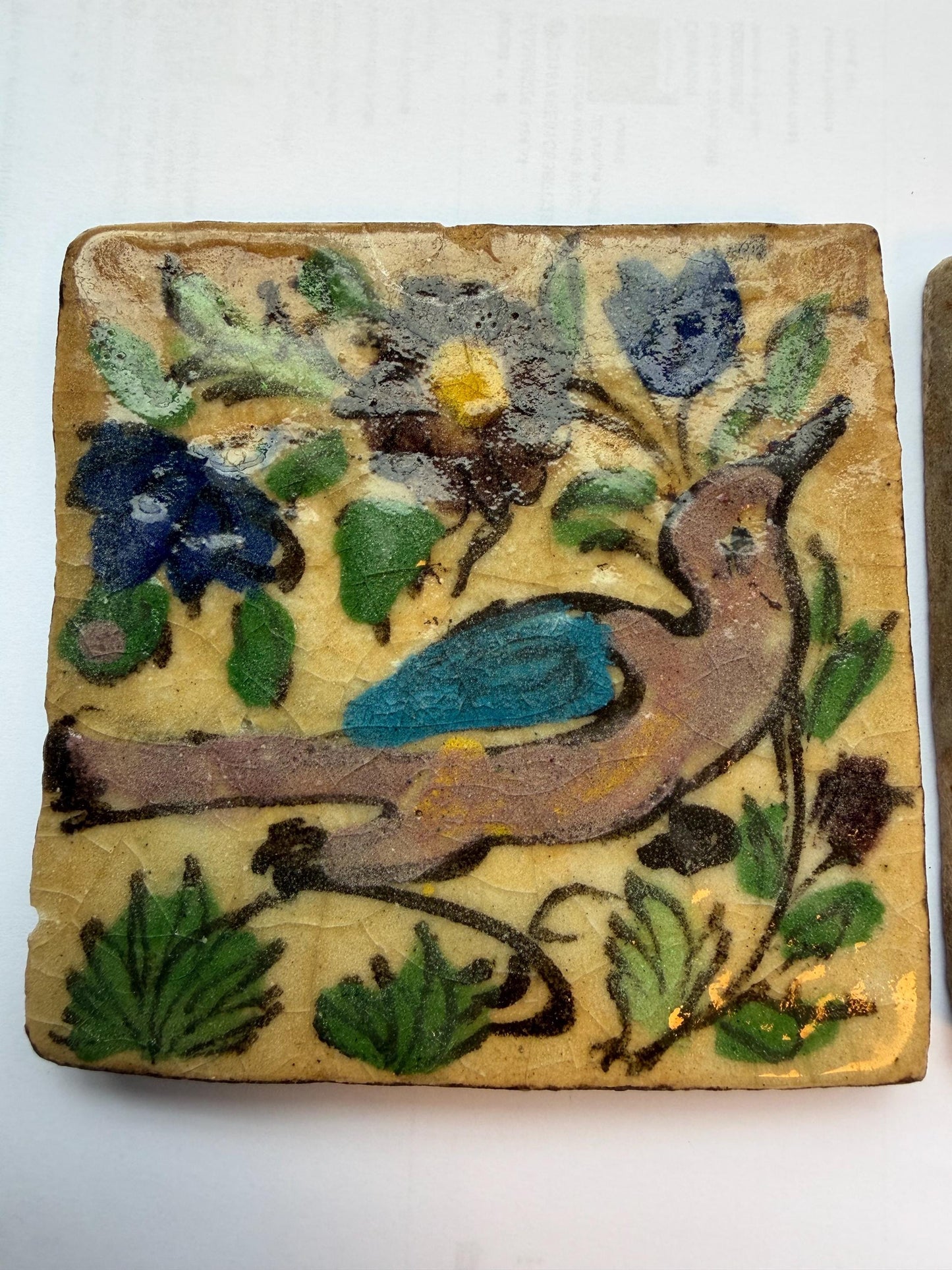 A set of 2 tiles thick handmade handpainted vintage midcentury collector tiles, polychrome eastern iznik qajar turkish  glass & ceramic