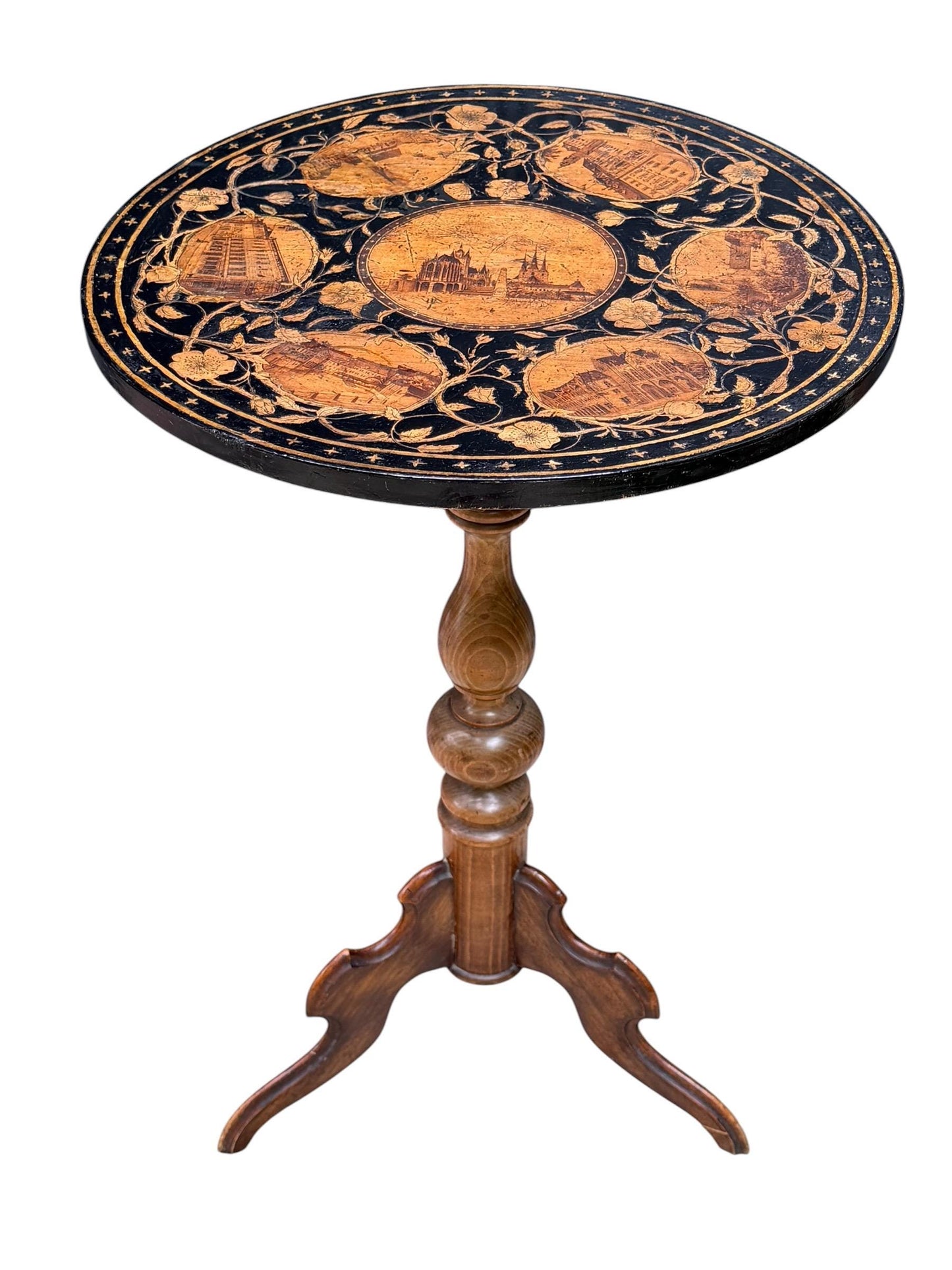 19th Century Erfurt early aristocratic grand tour Souvenir Pedestal Table, Thüringen, Pyrography, c. 1850