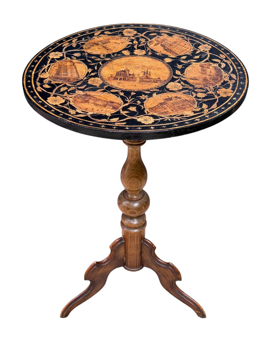 19th Century Erfurt early aristocratic grand tour Souvenir Pedestal Table, Thüringen, Pyrography, c. 1850