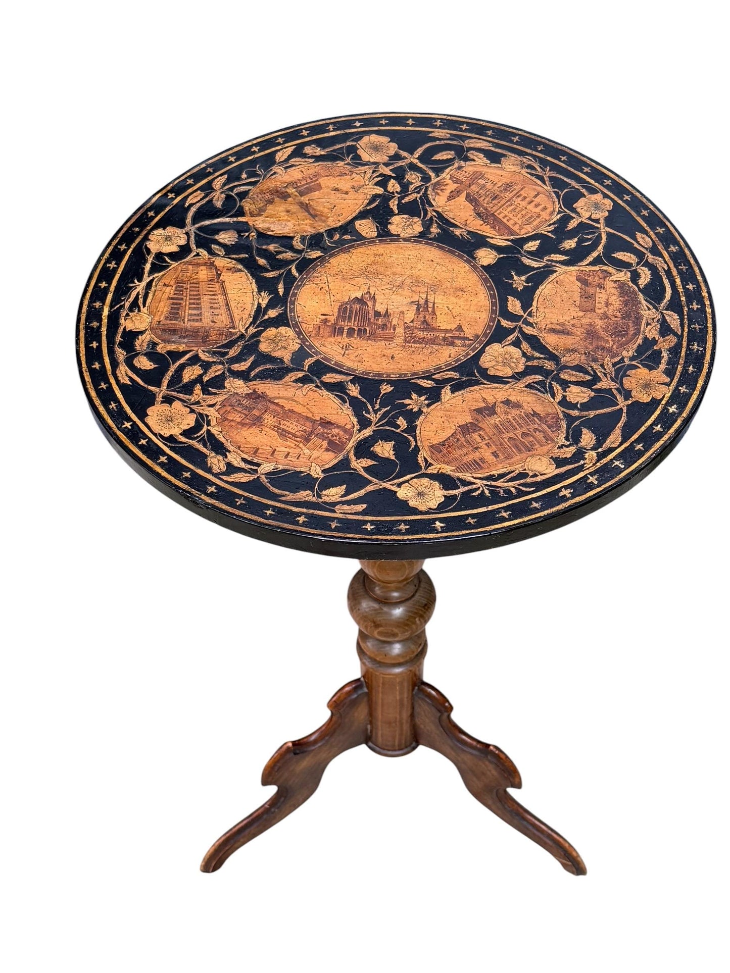 19th Century Erfurt early aristocratic grand tour Souvenir Pedestal Table, Thüringen, Pyrography, c. 1850