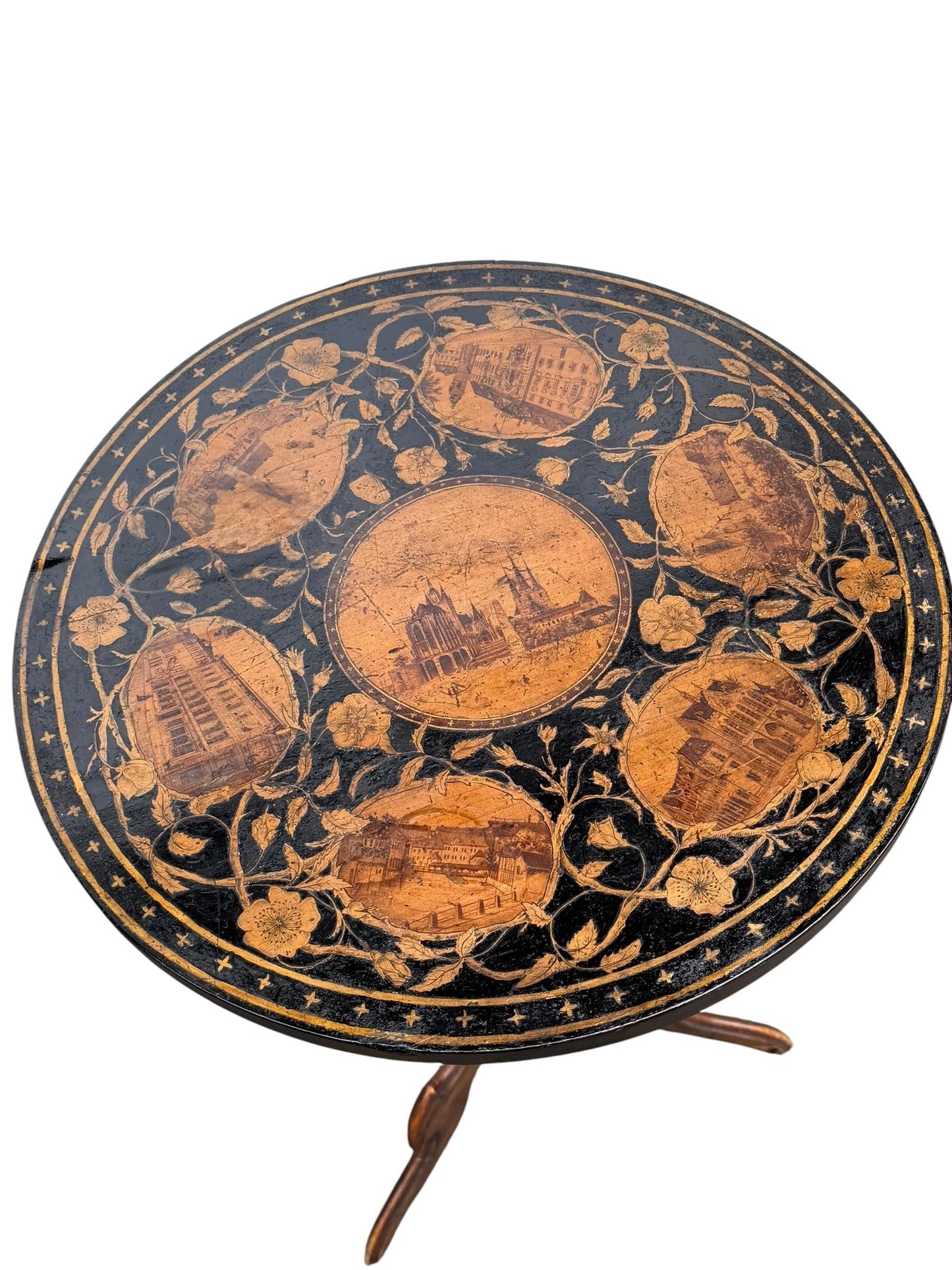 19th Century Erfurt early aristocratic grand tour Souvenir Pedestal Table, Thüringen, Pyrography, c. 1850