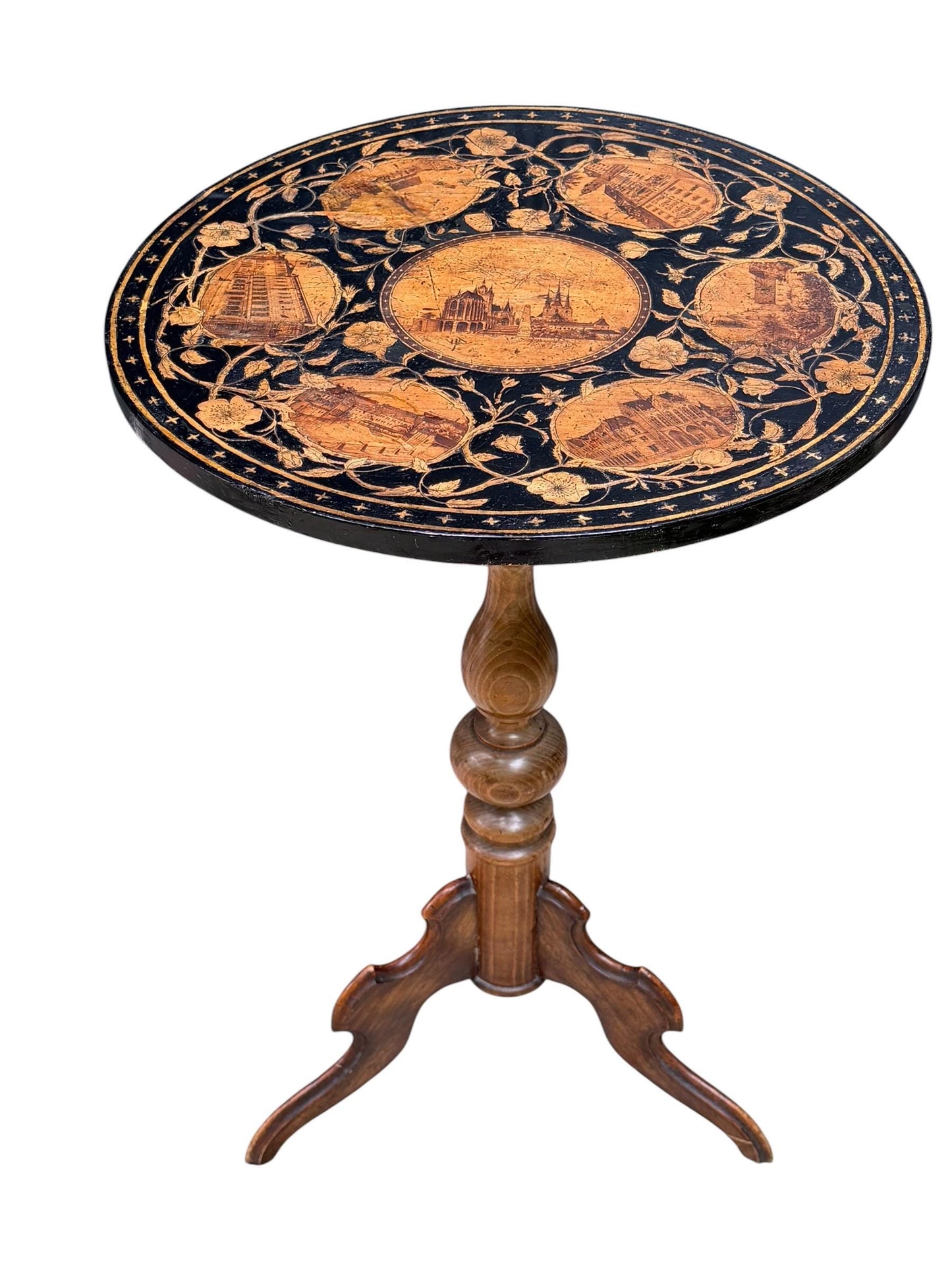 19th Century Erfurt early aristocratic grand tour Souvenir Pedestal Table, Thüringen, Pyrography, c. 1850