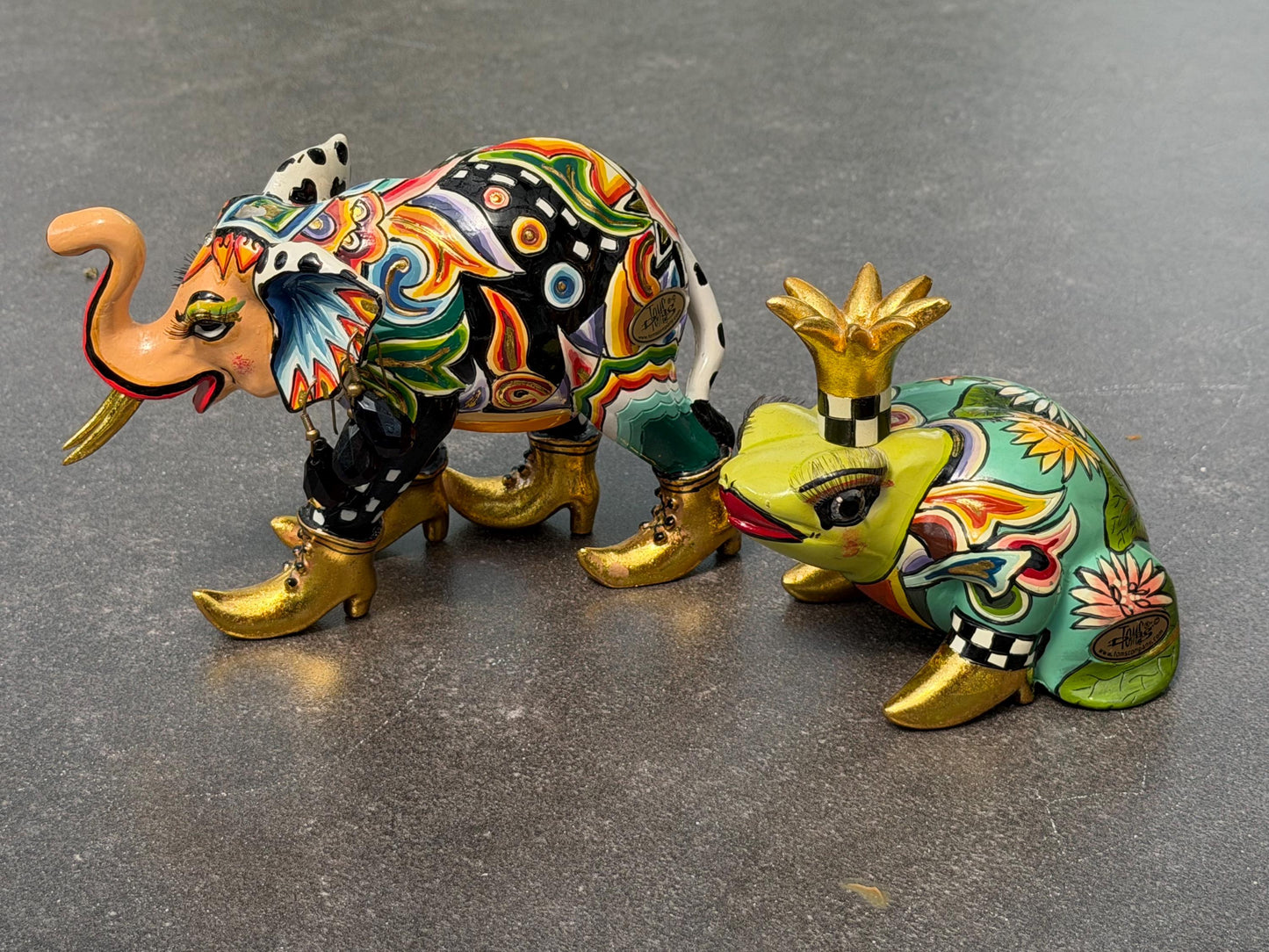 Tom’s Drag designer objects, Retired fancy Elephant & prince Frog Figurines – Hand Painted Collectible Figures by Tom Hoffmann