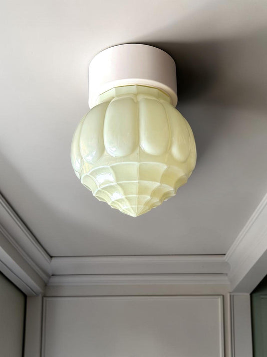 Art Deco light greige soft Glass Ceiling Lamp - Thabur, the shell,  Niko Fixture, dutch amsterdam design trapeze lights
