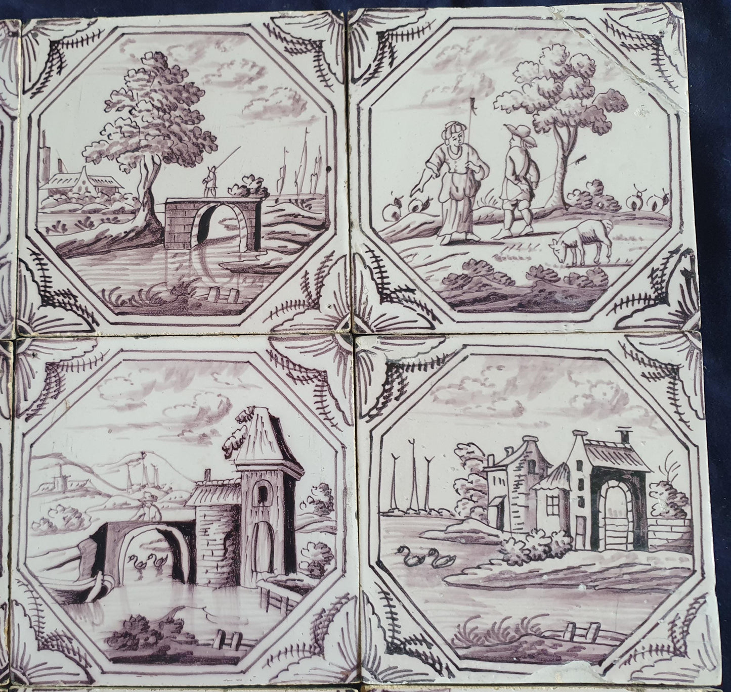 9 xDelft tile, landscape 18th century (c. 1760) Dutch manganese tile . ( Landscape tile )