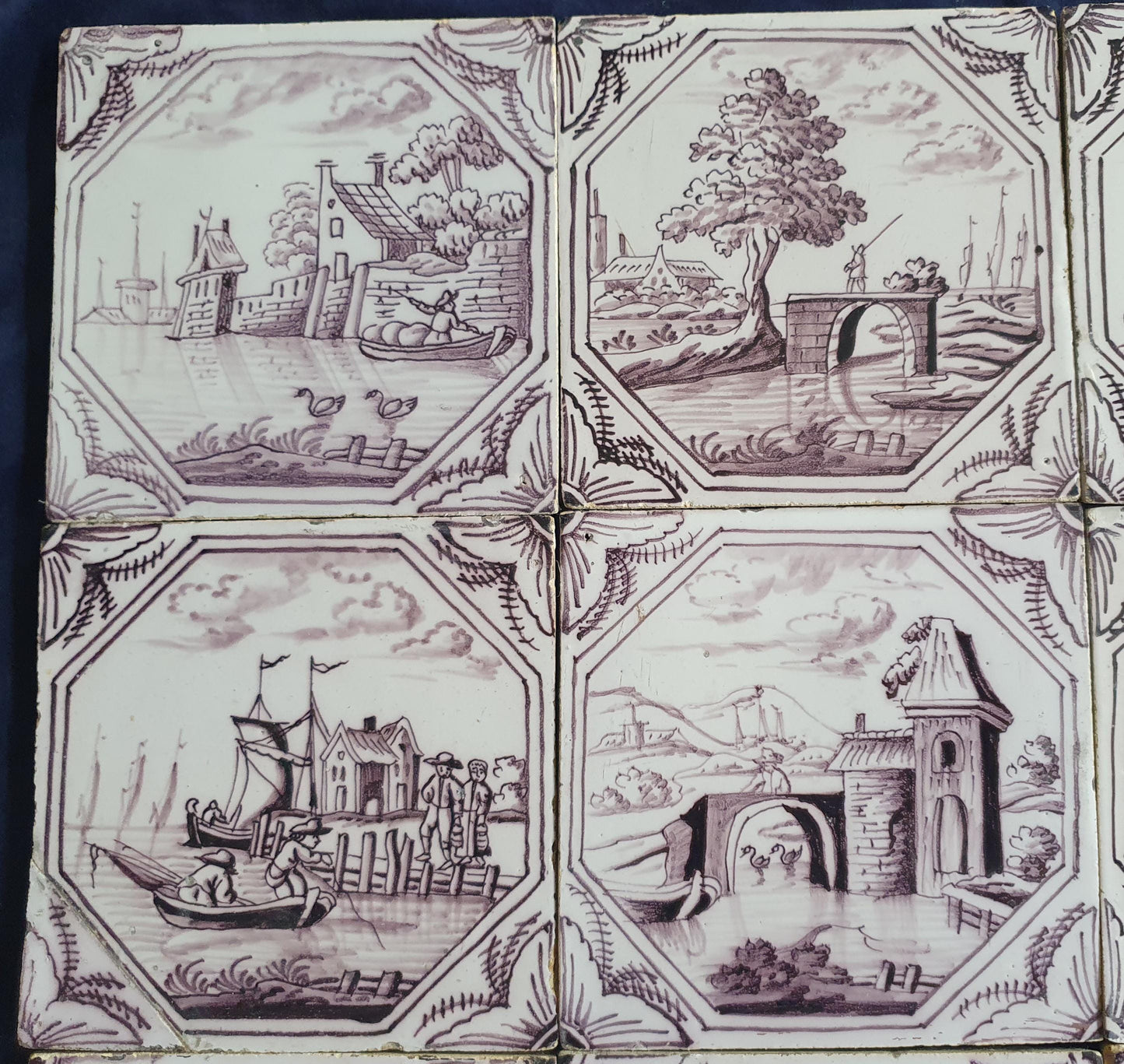 9 xDelft tile, landscape 18th century (c. 1760) Dutch manganese tile . ( Landscape tile )