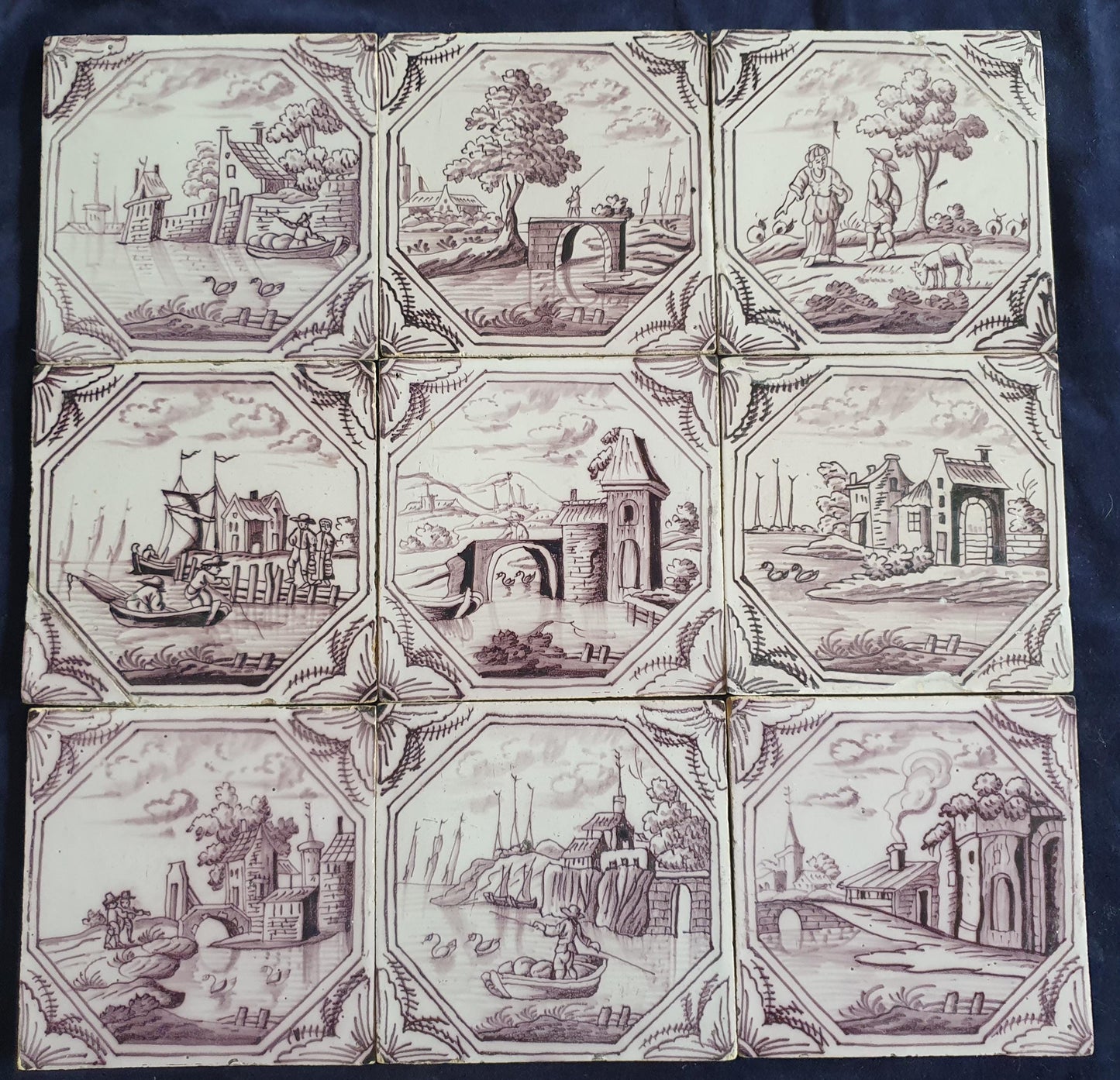 9 xDelft tile, landscape 18th century (c. 1760) Dutch manganese tile . ( Landscape tile )