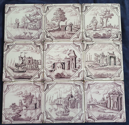 9 xDelft tile, landscape 18th century (c. 1760) Dutch manganese tile . ( Landscape tile )