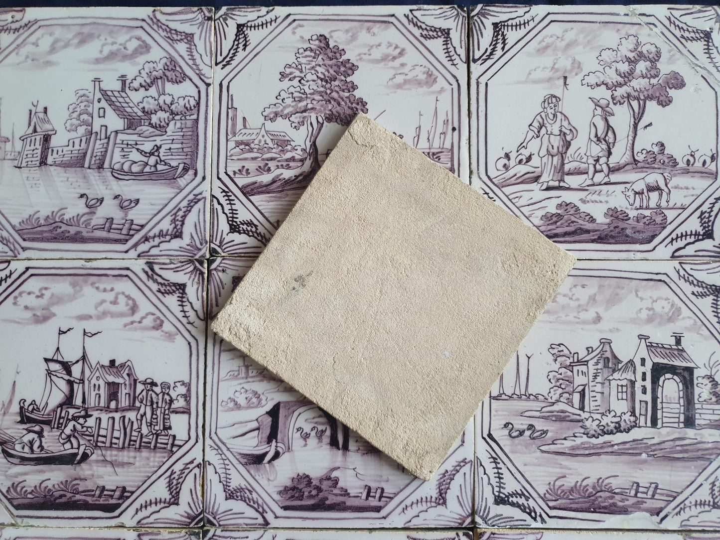 9 xDelft tile, landscape 18th century (c. 1760) Dutch manganese tile . ( Landscape tile )