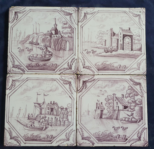 4 xDelft tile, landscape 18th century (c. 1760) Dutch manganese tile . ( Landscape tile )