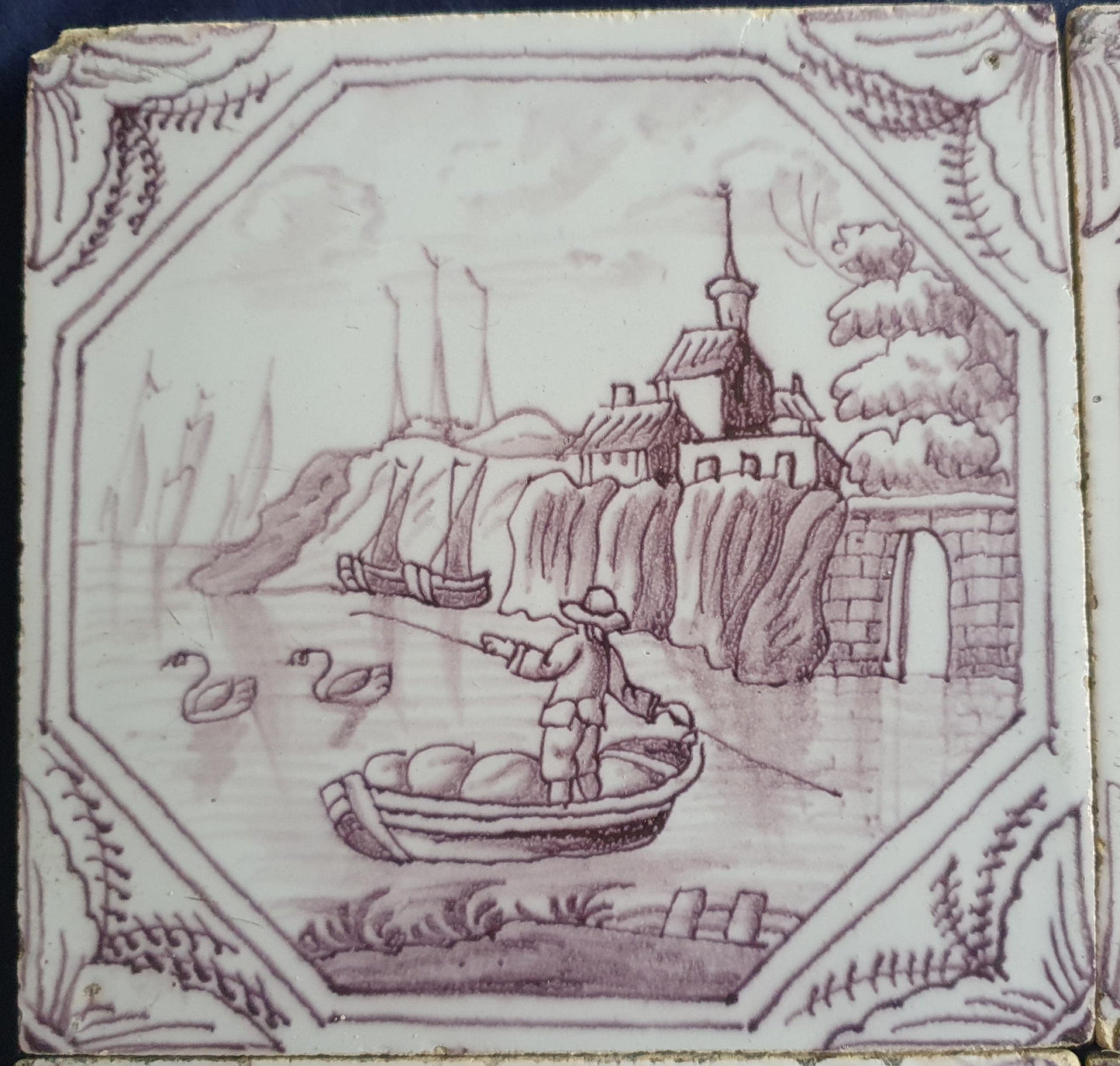 4 xDelft tile, landscape 18th century (c. 1760) Dutch manganese tile . ( Landscape tile )