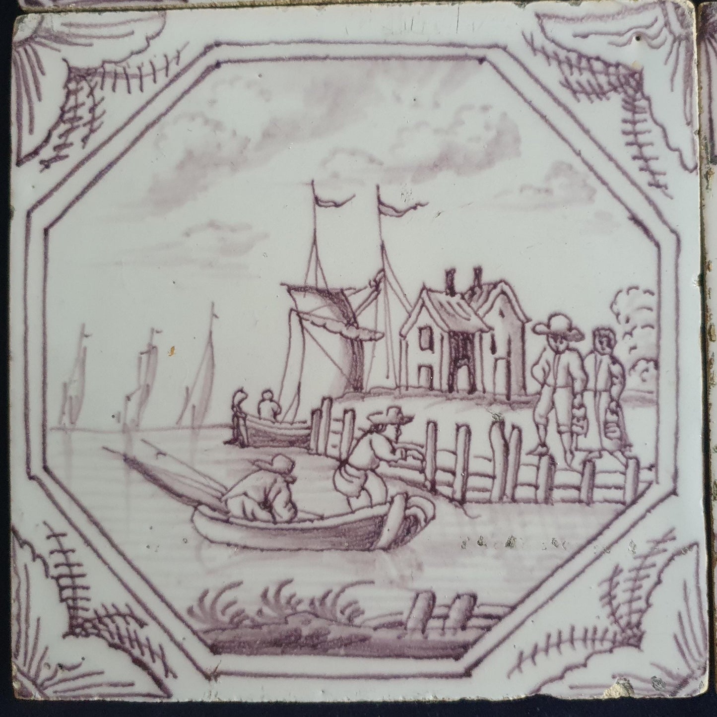 4 xDelft tile, landscape 18th century (c. 1760) Dutch manganese tile . ( Landscape tile )