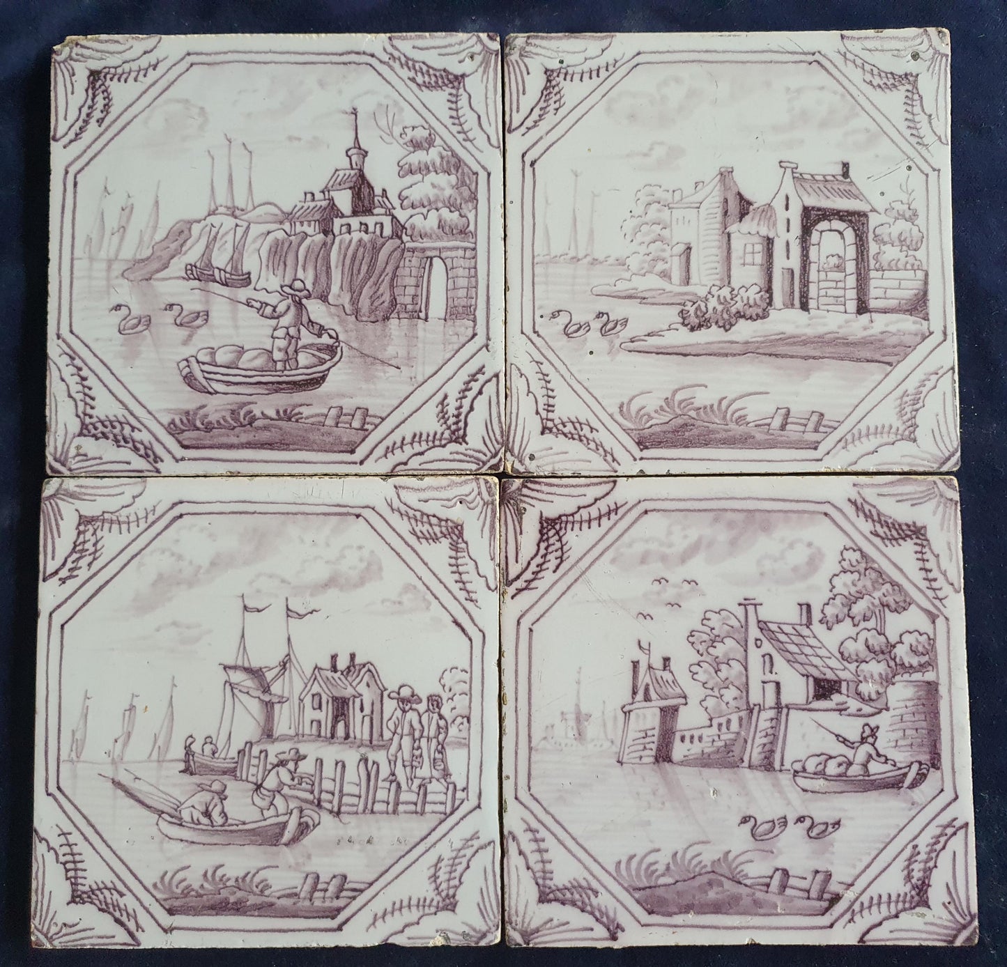 4 xDelft tile, landscape 18th century (c. 1760) Dutch manganese tile . ( Landscape tile )