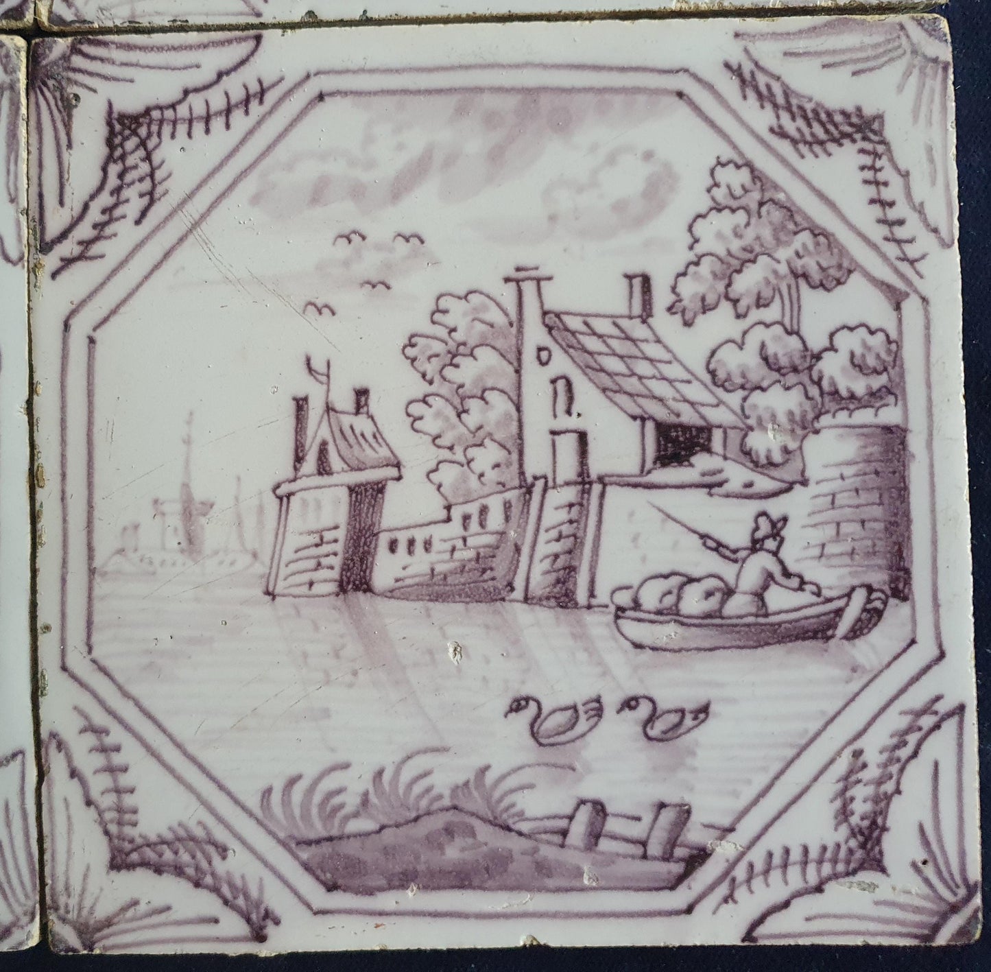 4 xDelft tile, landscape 18th century (c. 1760) Dutch manganese tile . ( Landscape tile )
