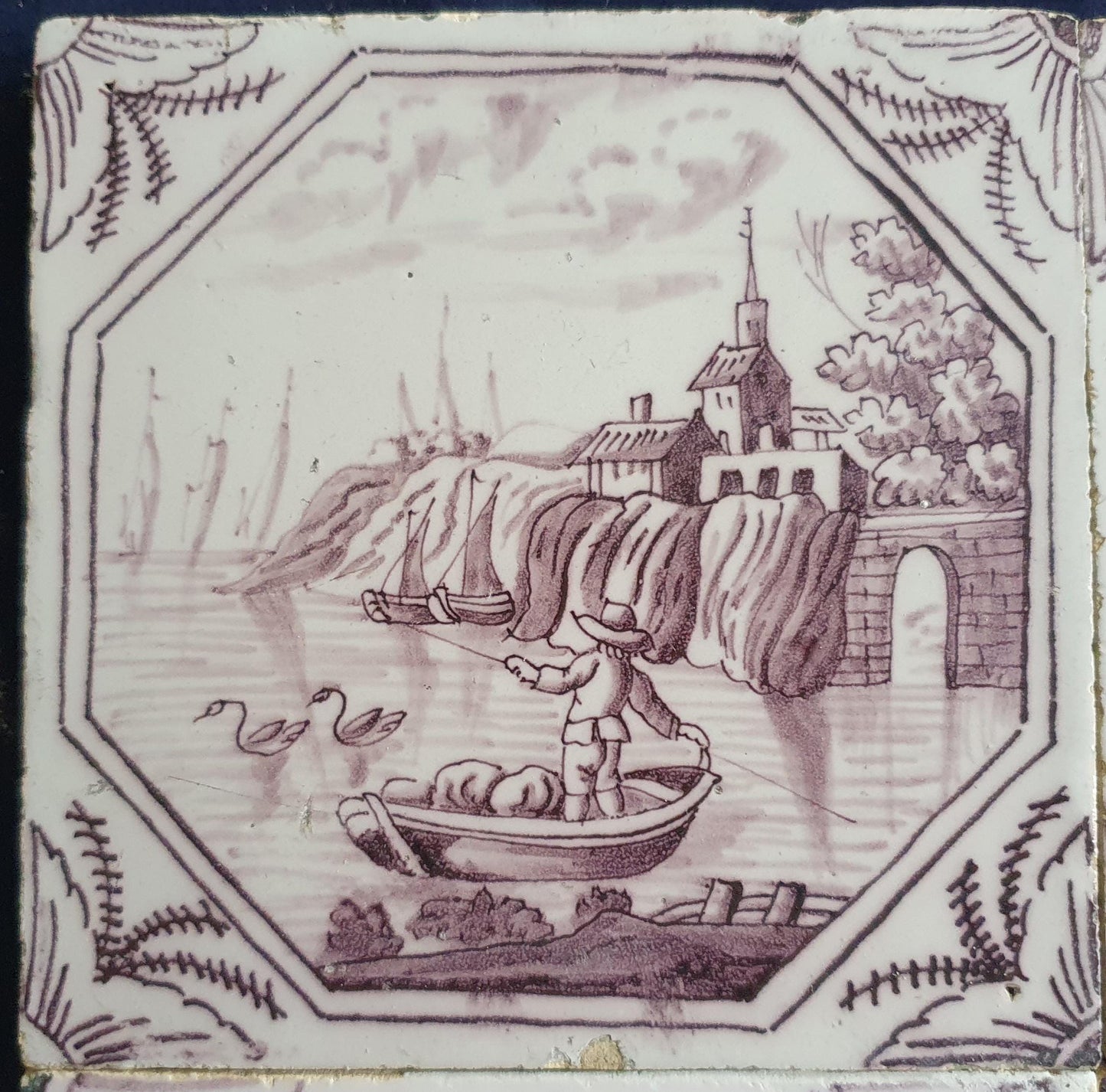 4 xDelft tile, landscape 18th century (c. 1760) Dutch manganese tile . ( Landscape tile )