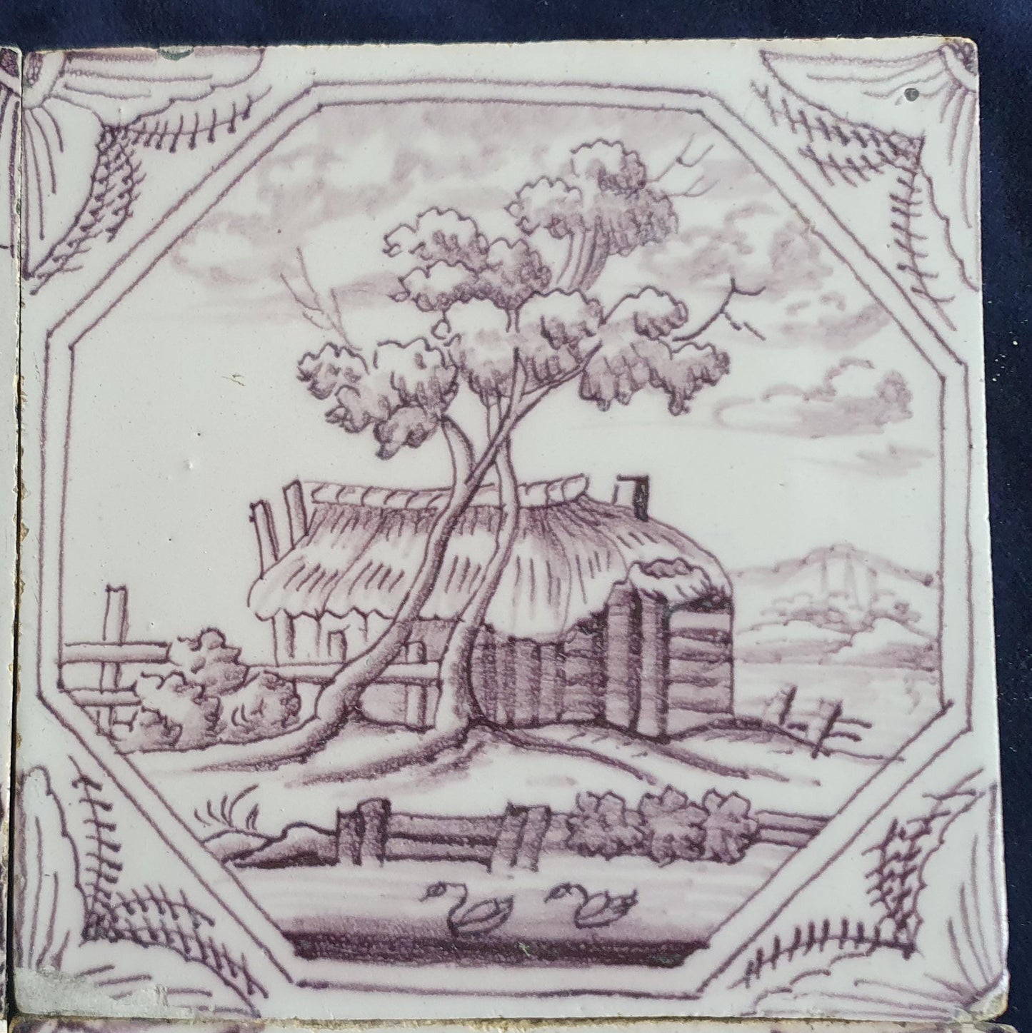 4 xDelft tile, landscape 18th century (c. 1760) Dutch manganese tile . ( Landscape tile )