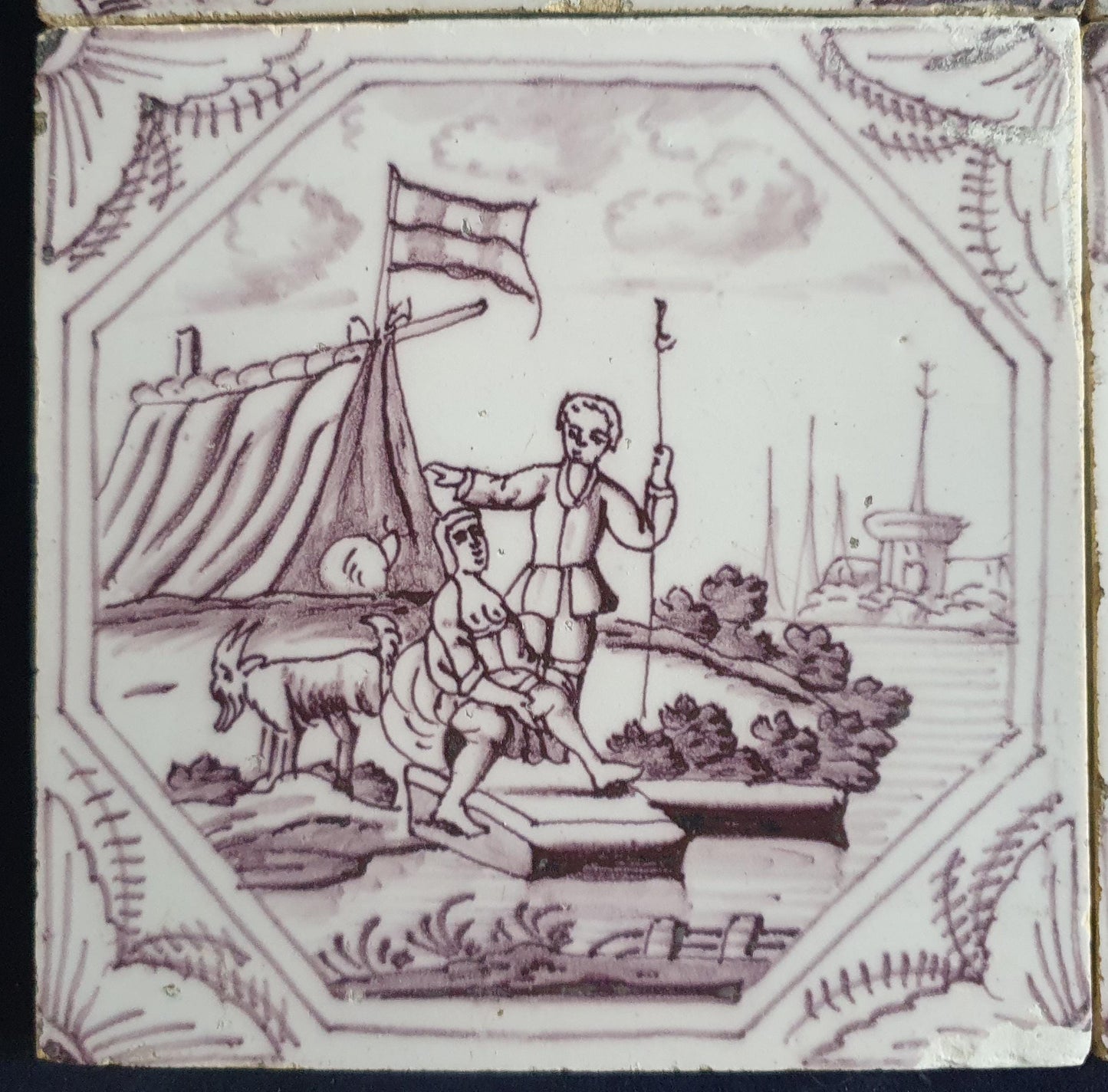 4 xDelft tile, landscape 18th century (c. 1760) Dutch manganese tile . ( Landscape tile )