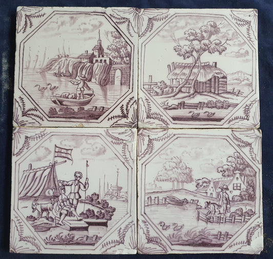 4 xDelft tile, landscape 18th century (c. 1760) Dutch manganese tile . ( Landscape tile )