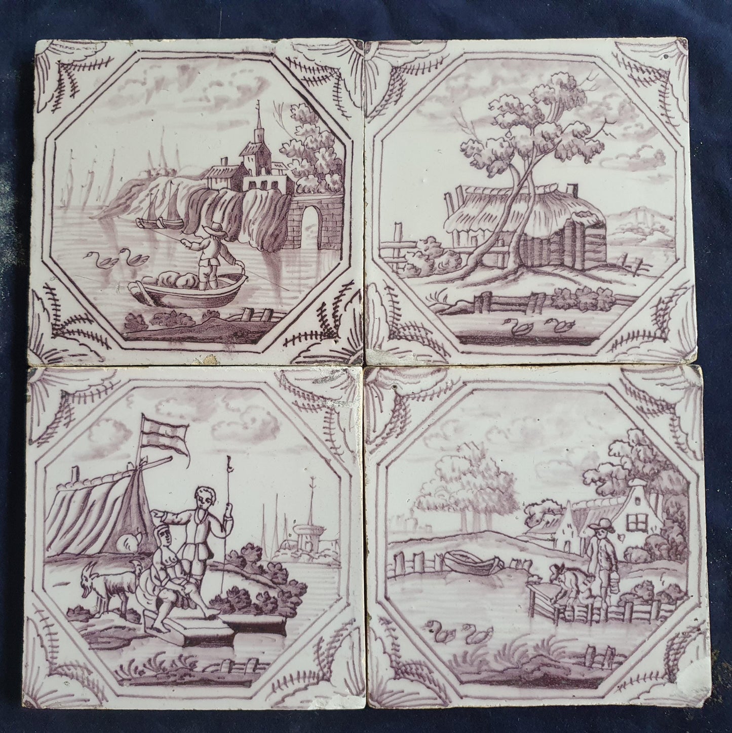4 xDelft tile, landscape 18th century (c. 1760) Dutch manganese tile . ( Landscape tile )