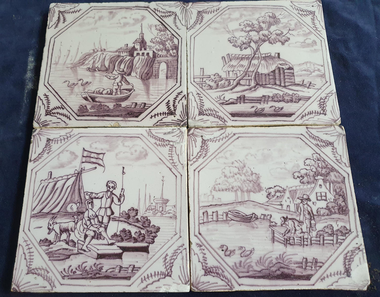 4 xDelft tile, landscape 18th century (c. 1760) Dutch manganese tile . ( Landscape tile )
