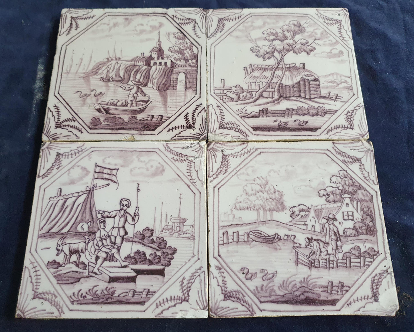 4 xDelft tile, landscape 18th century (c. 1760) Dutch manganese tile . ( Landscape tile )