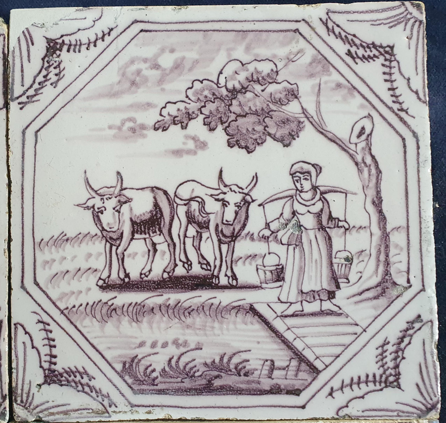 9 xDelft tile, landscape 18th century (c. 1760) Dutch manganese tile . ( Landscape tile )