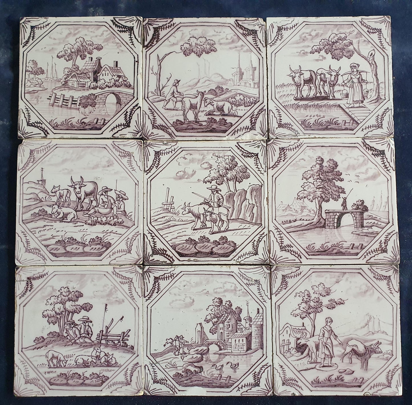 9 xDelft tile, landscape 18th century (c. 1760) Dutch manganese tile . ( Landscape tile )