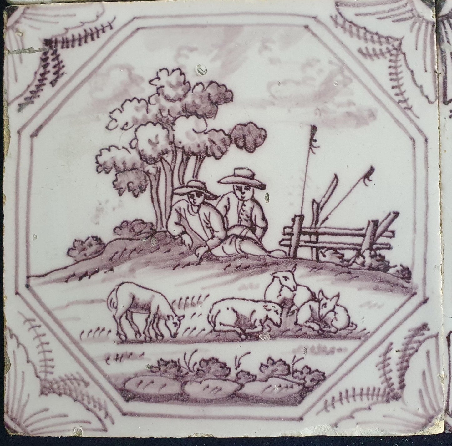 9 xDelft tile, landscape 18th century (c. 1760) Dutch manganese tile . ( Landscape tile )