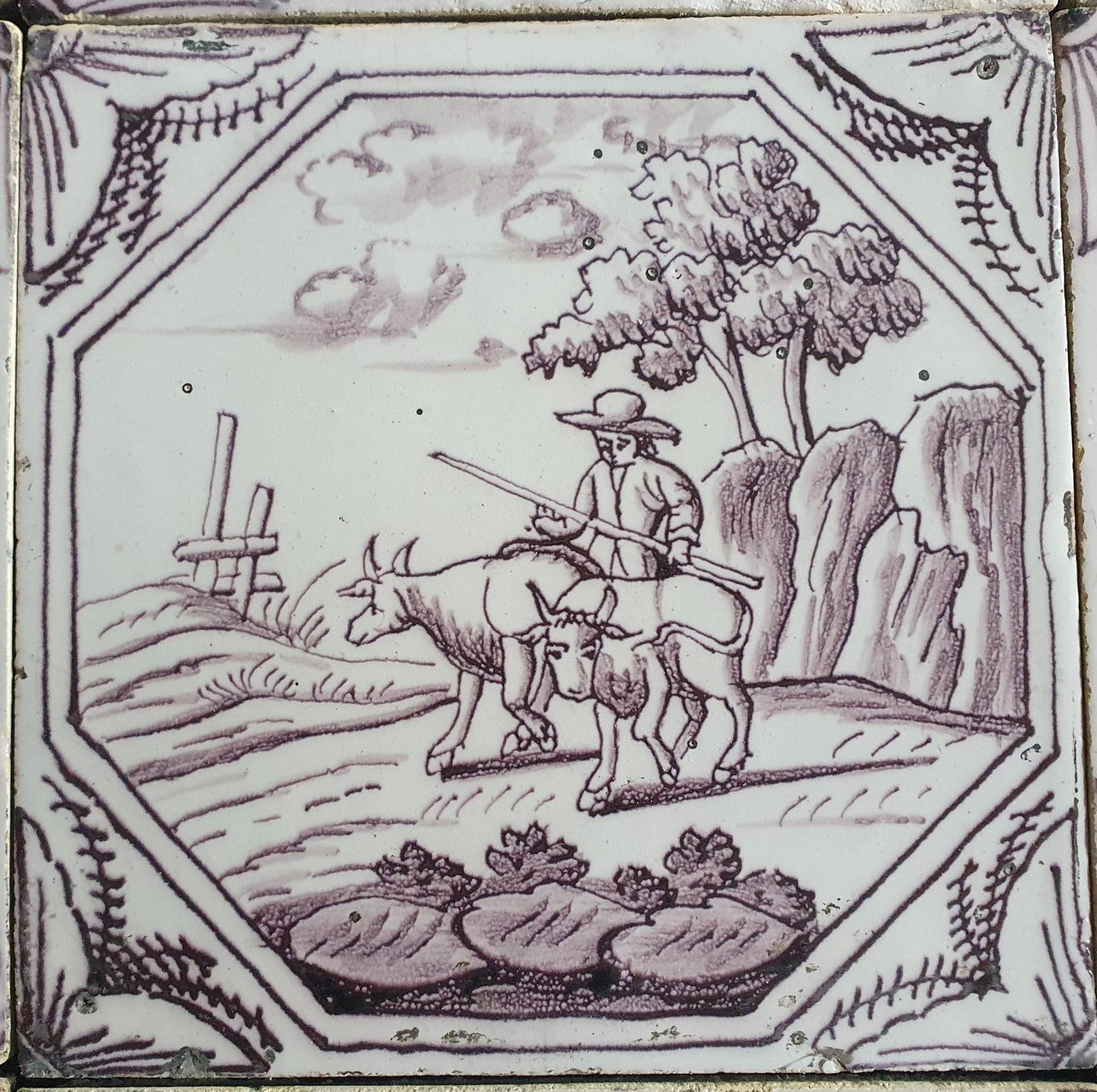 9 xDelft tile, landscape 18th century (c. 1760) Dutch manganese tile . ( Landscape tile )