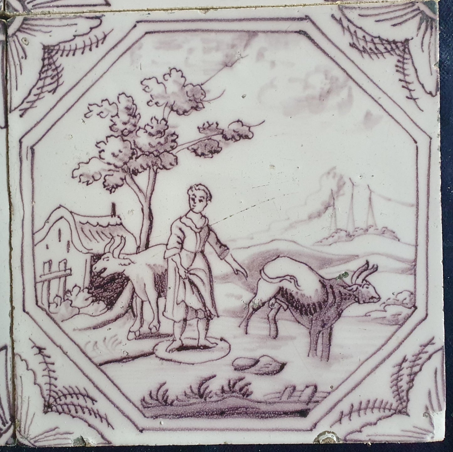 9 xDelft tile, landscape 18th century (c. 1760) Dutch manganese tile . ( Landscape tile )