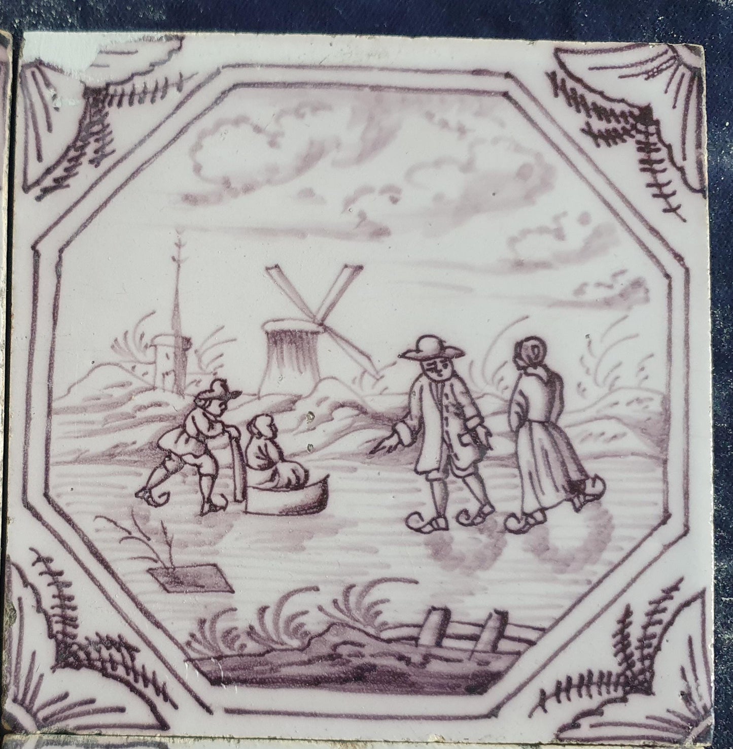 4 xDelft tile, landscape 18th century (c. 1760) Dutch manganese tile . ( Landscape tile )